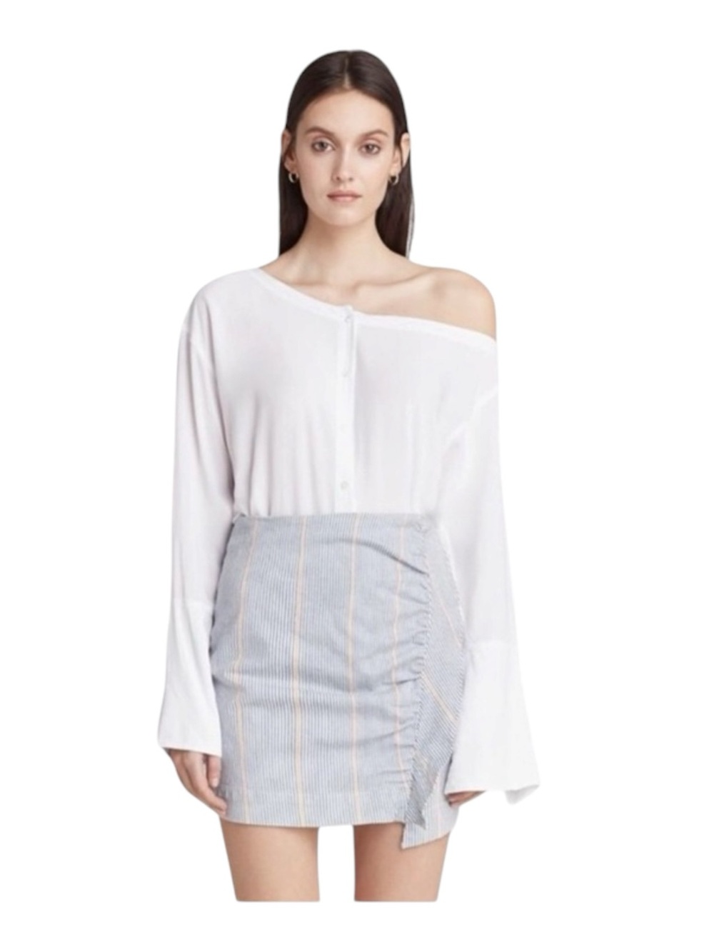 new 3x1 ᯾ Jane Ruffle Stretch Denim Mini Skirt ᯾ Blue Ticking Stripe ᯾ XS ᯾ Chic - Picture 14 of 16